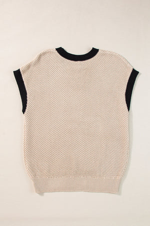 Beige knit cap sleeve top with black trim and crewneck.