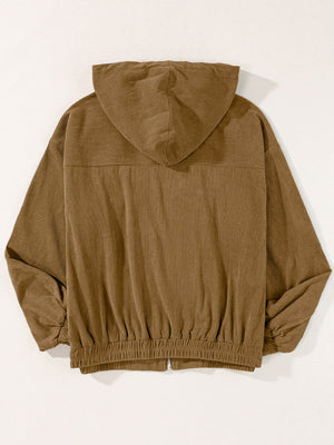 Camel corduroy relaxed fit zip-up hoodie with elastic cuffs and hem