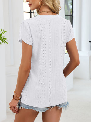 White eyelet v-neck tee with petal sleeves and a textured pattern.