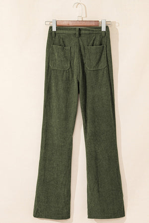 Olive corduroy flared leg trousers with two back pockets.