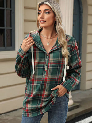Plaid Henley hooded shirt in green with red and tan plaid, buttoned placket, and drawstring hood.