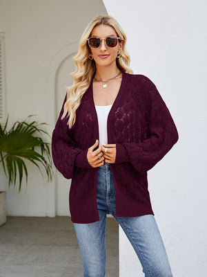 Wine open-knit balloon sleeve cardigan with diamond texture and ribbed cuffs.