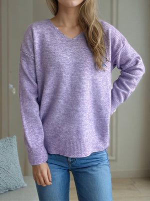 Relaxed-fit lilac V-neck knit sweater with ribbed hem and cuffs.