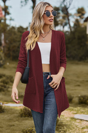 Burgundy textured open-front cardigan with pockets and long sleeves.