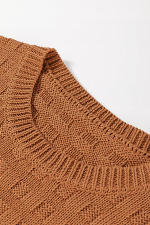 Camel textured knit boxy top with crew neck and ribbed trim.