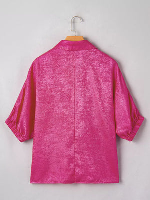 Maternity collared V-neck metallic shirt in deep rose polyester with puffed sleeves.