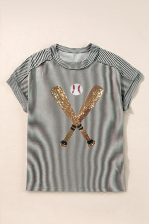 Sequin baseball graphic tee with rolled sleeves in dark gray stripe.