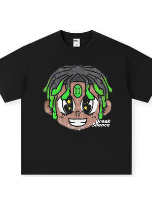 Black cotton graphic t-shirt with cartoon character and Break Silence text.
