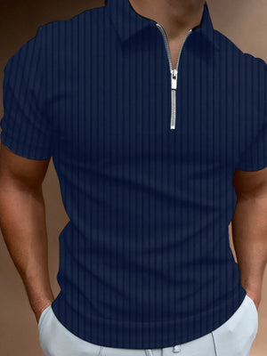 Navy ribbed zip-neck polo shirt with short sleeves.