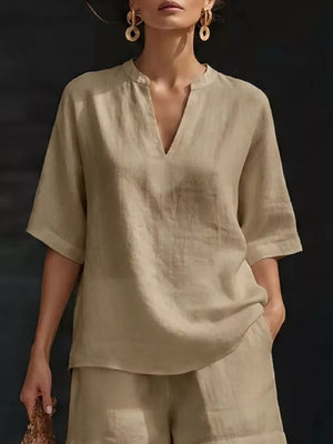 Khaki notched V-neck two-piece set with pockets, casual linen blend top and shorts.