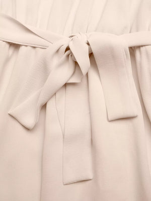 Beige midi dress with a tie-waist and ruffled sleeves.