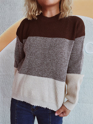 Colorblock textured knit pullover sweater with mock neck and long sleeves in brown, beige, and grey.