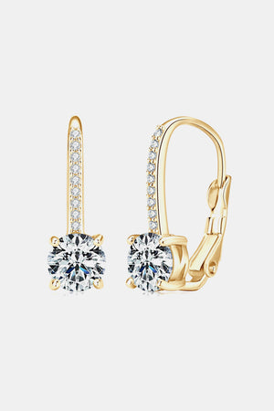 Gold leverback earrings with pavé set moissanite and a central round-cut moissanite stone.