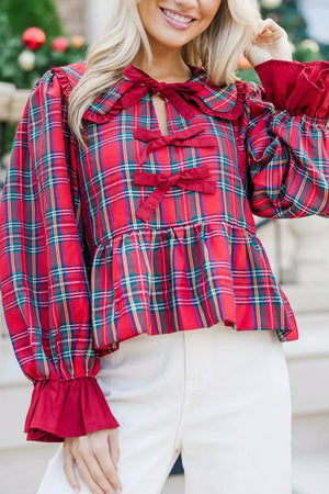 Plaid Tie Neck Ruffle Cuffs Blouse, model styling view