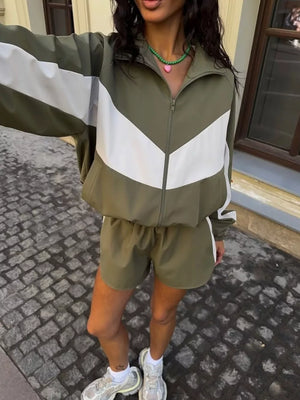 Color Block Zip Up Outerwear And Shorts Set in Green, product detail
