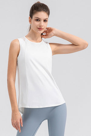White mesh panel performance tank top with round neckline and sleeveless design