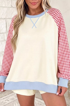 Plaid Raglan Sleeve Sweatshirt in Burnt Coral, front view