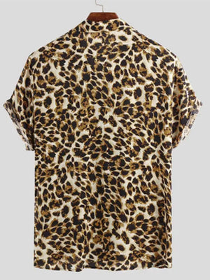 Men's Full Size Leopard Print Short Sleeve Shirt in Leopard, close-up detail