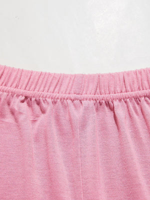 Pink lounge set shorts with elastic waistband and lace trim detail.