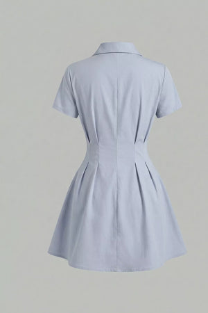 Button Up Short Sleeve Shirt Dress in Light Blue, back view
