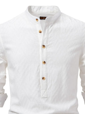 White geo-embossed henley shirt with mandarin collar and button placket.