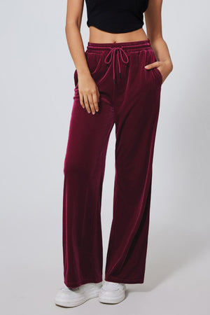 Burgundy velvet lounge wide-leg drawstring trousers with pockets
