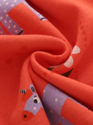 Toddler dress in orange cotton blend with purple and white horse print.