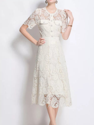 White lace buttoned two-piece dress with short sleeves and midi skirt.