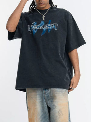 Crew-neck Graphic Oversized Vintage Top in Washed Black, front view