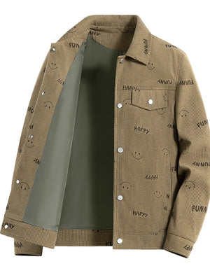 Light Khaki corduroy jacket with all-over smiley face and text print, button front, and chest pocket.