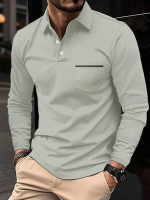 Long-sleeve polo shirt in light gray with a chest pocket and black trim detail.