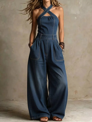 Wide-leg Crisscross Denim Jumpsuit Plus Size in Black, front view