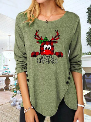 Matcha green asymmetrical tee with reindeer Merry Christmas graphic and button detail