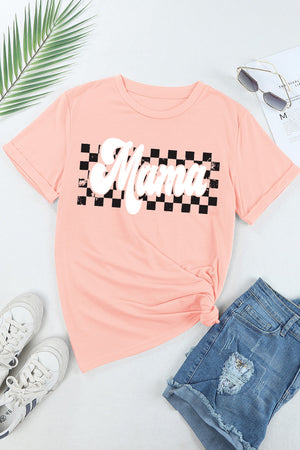 Watermelon pink graphic tee with checkered "Mama" print and knotted hem