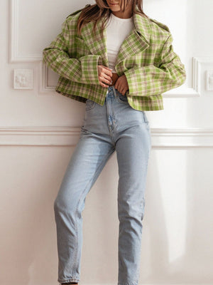 Lime plaid boxy cropped blazer with button detail and wide sleeves.