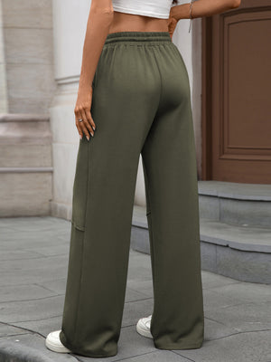 Army green high-waist drawstring wide-leg pants with a comfortable fit.