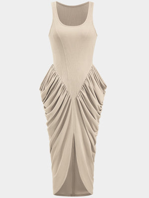 Ivory ruched midi dress with slit and draped detail
