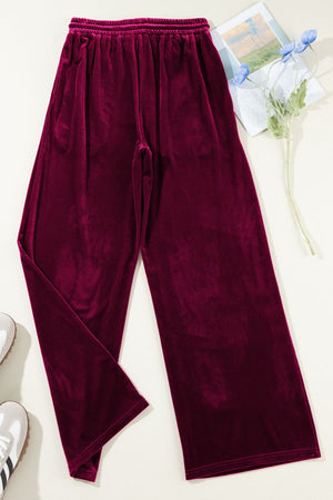 Burgundy velvet lounge wide-leg drawstring trousers with elastic waistband