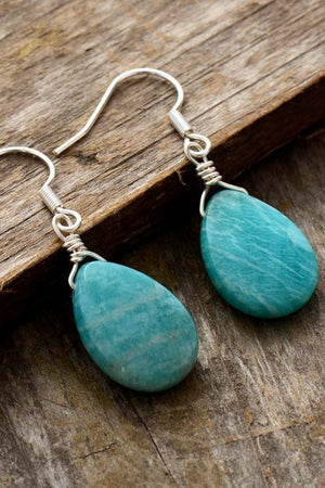 Sky blue amazonite teardrop wire-wrapped drop earrings with 925 silver hooks.