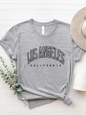 Gray polyester t-shirt with black Los Angeles California graphic print