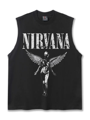 Black cotton men's Nirvana graphic tank top with distressed details and winged figure print.