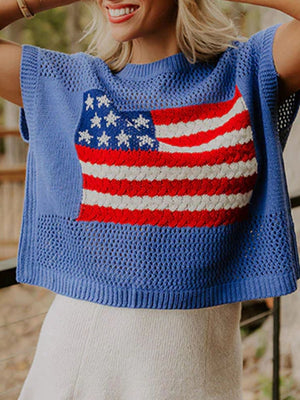 Blue acrylic knit top with American flag graphic, crew neck, and open knit sleeves.