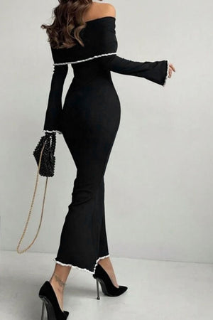 Black off-shoulder maxi dress with ruffled trim and bell sleeves.