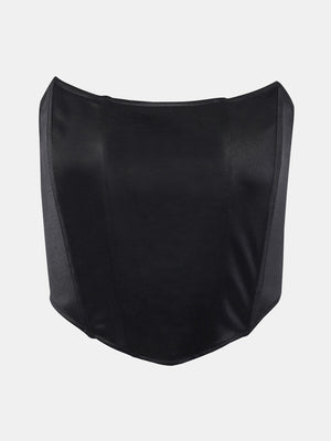 Black structured corset crop top with a satin finish and curved neckline.