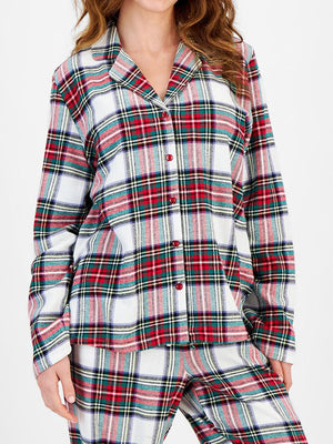 Pajama set with red, green, and white plaid pattern, button-up top and pants.