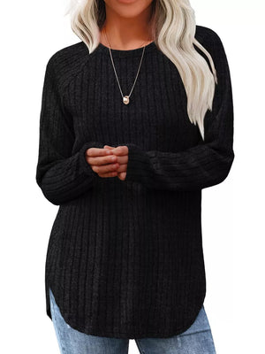 Black ribbed knit long sleeve maternity t-shirt with crew neck and curved hem