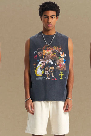 Black graphic muscle tank top with a bold print of boxers and crosses.