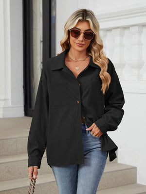 Black corduroy overshirt with button front, chest pockets and relaxed fit.