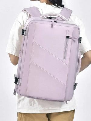 Lilac structured backpack with zippered shoe compartment and adjustable straps.