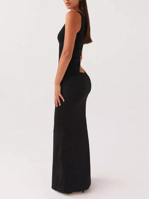 Black one-shoulder maxi dress with cutout detail on the back.